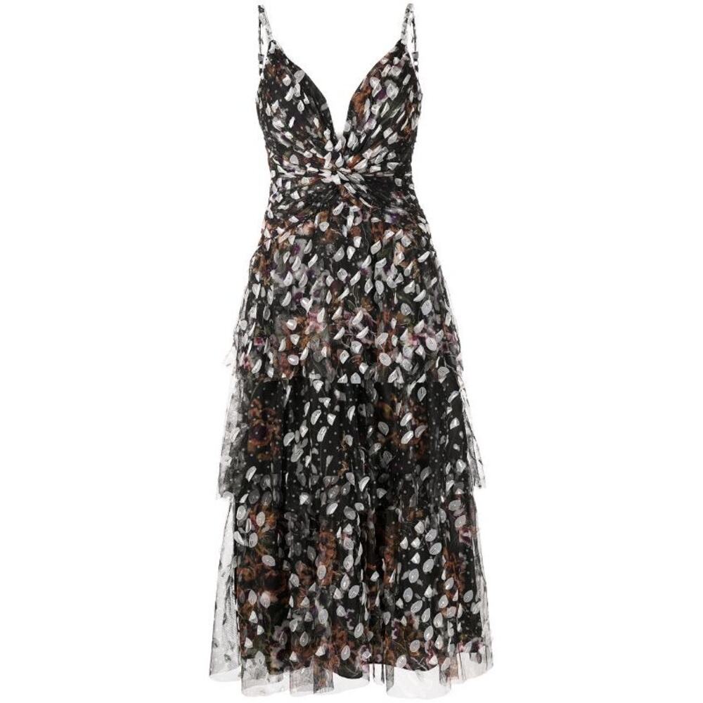 Marchesa Notte Black Applique Tiered V Neck Cocktail formal Gala Dress 10 M